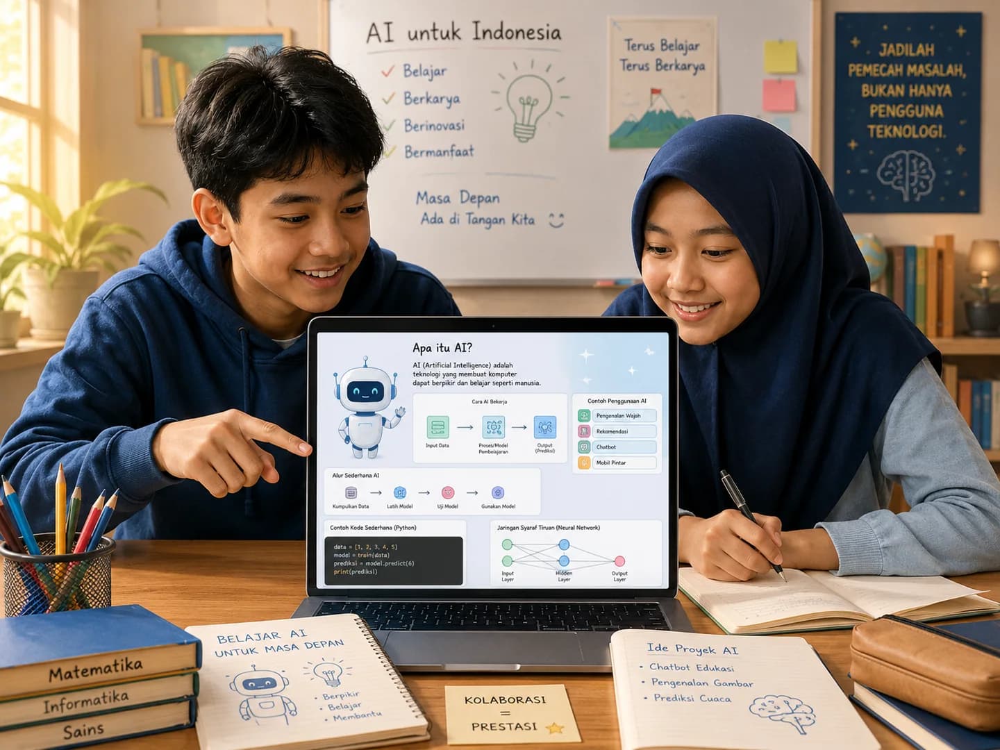 Two Indonesian students exploring an AI lesson together on a laptop