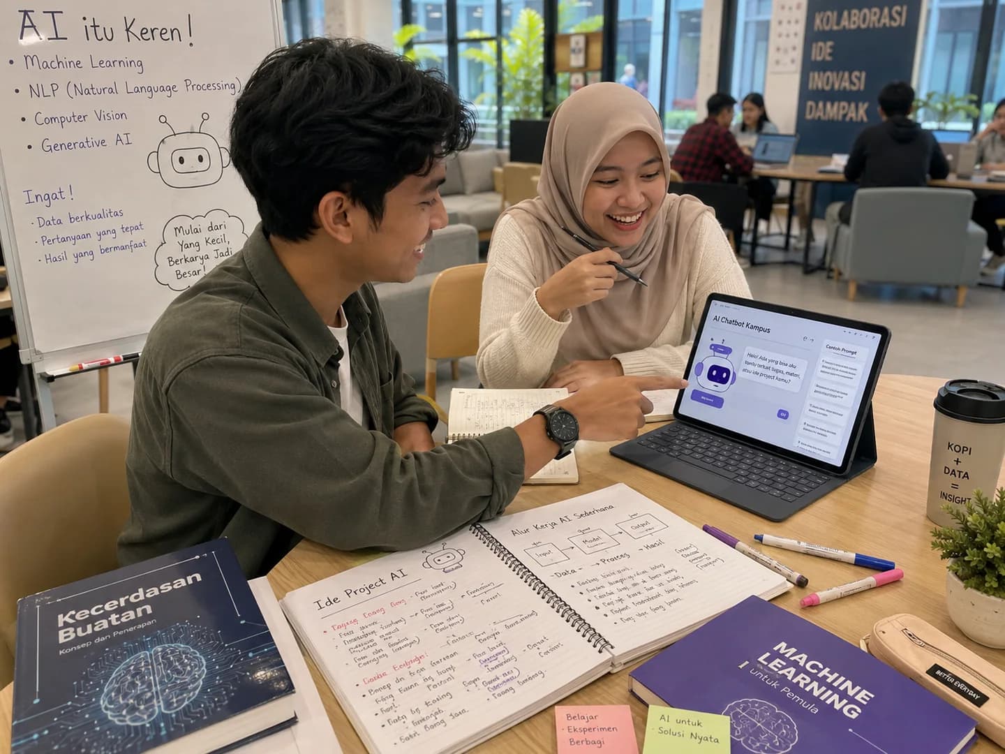 Two students developing an AI chatbot project together