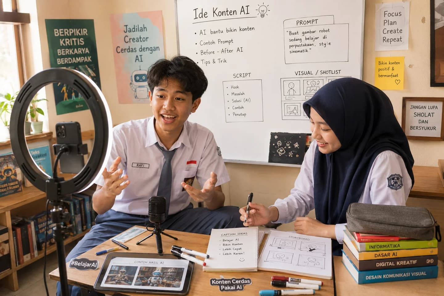Two Indonesian students planning and recording AI-assisted educational content