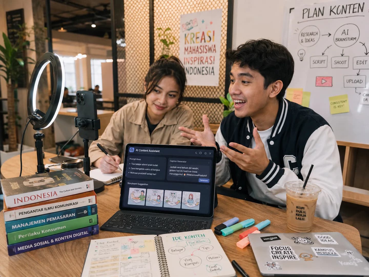 Two students planning and recording an AI-assisted content campaign