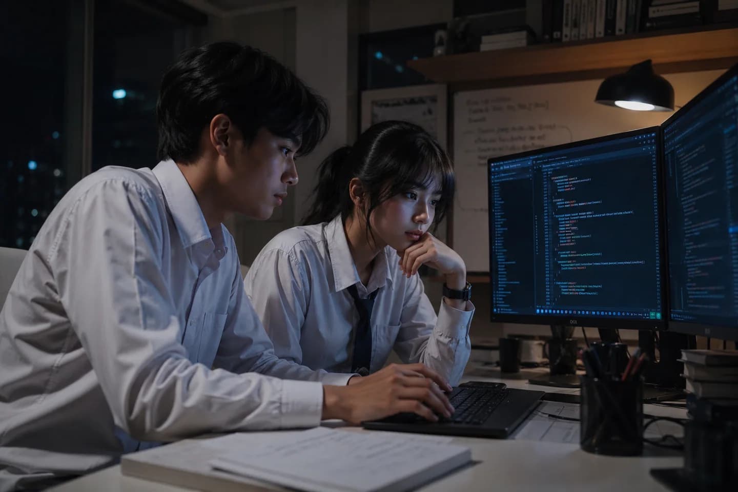 Two students reviewing code together at a computer