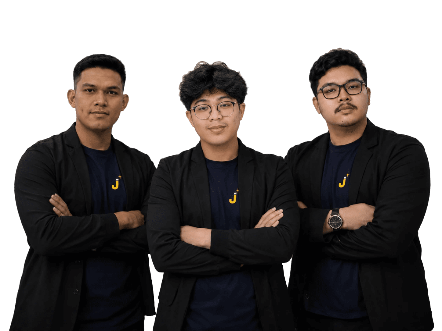 Fahmi, Thoriq, and Hugo, the three co-founders of Junio, standing together.