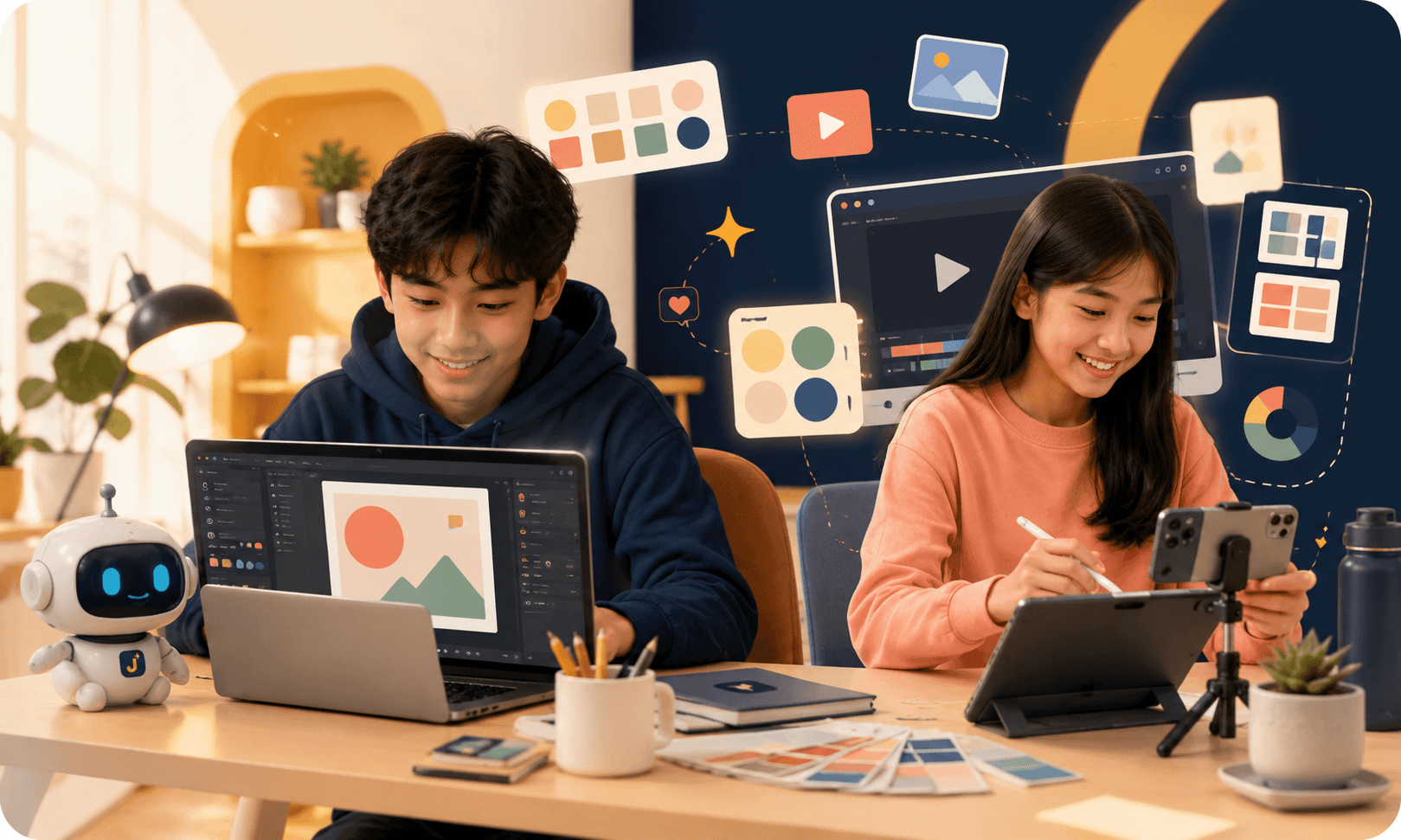 Students creating digital content with AI